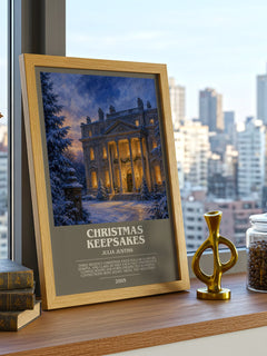 Christmas Keepsakes bookish print framed by window – literary home decor