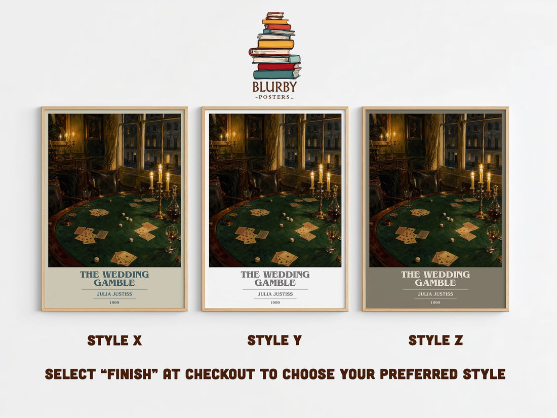 The Wedding Gamble book cover print in frame leaning in hallway – romance wall art (mockup)