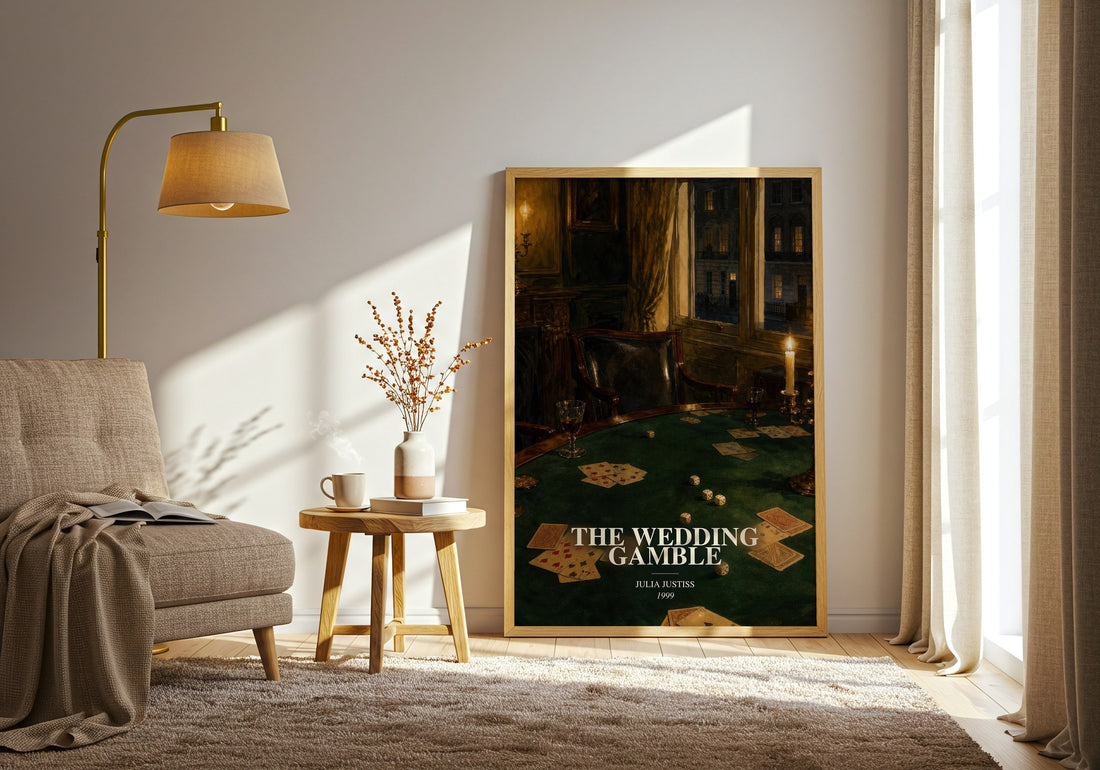 The Wedding Gamble watercolour print in frame leaning in hallway – romance wall art