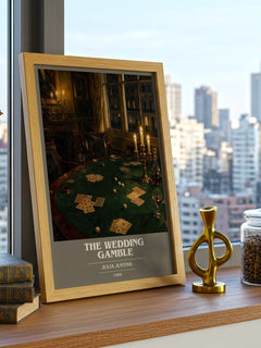 The Wedding Gamble book cover print framed by window – literary home decor