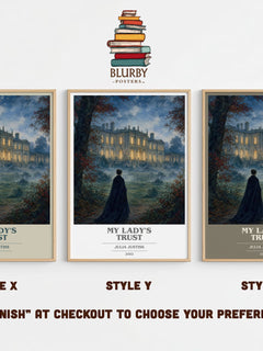 My Lady's Trust book cover print in frame leaning in hallway – romance wall art