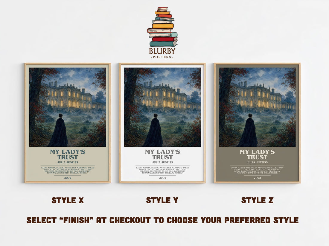 My Lady's Trust bookish print in frame leaning in hallway – romance wall art (mockup)
