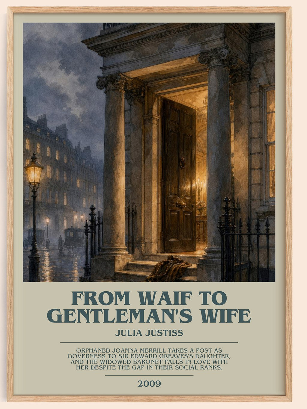 From Waif to Gentleman's Wife bookish book poster by Julia Justiss – framed literary art print