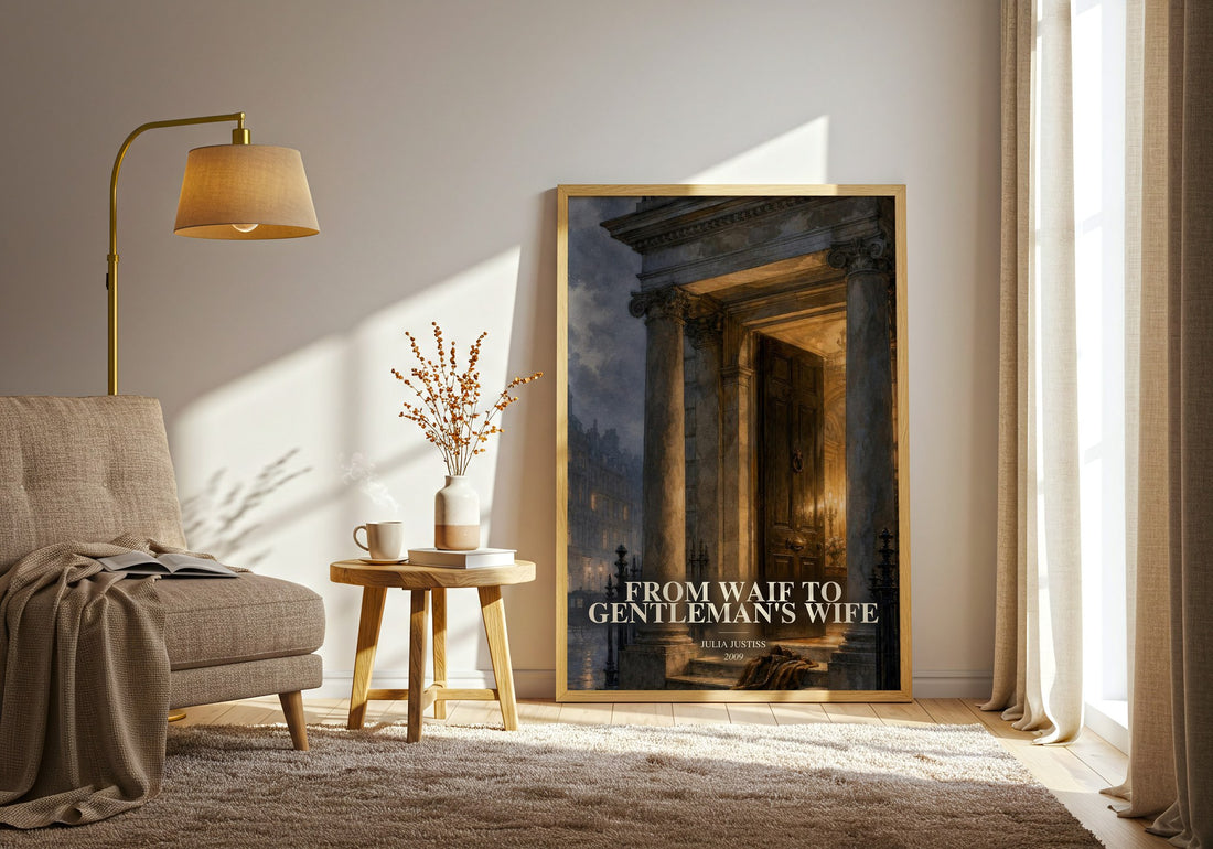 From Waif to Gentleman's Wife watercolour print in frame leaning in hallway – romance wall art