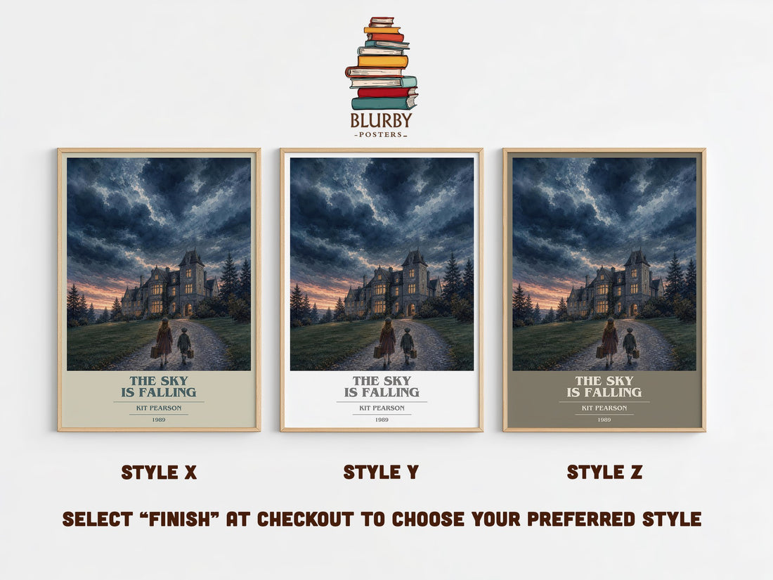 The sky is falling book cover print in frame leaning in hallway – young adult wall art (mockup)