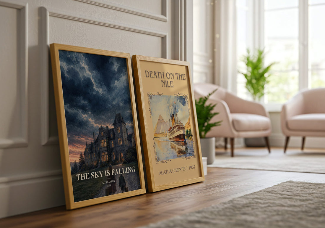 The sky is falling watercolour print framed by window – literary home decor