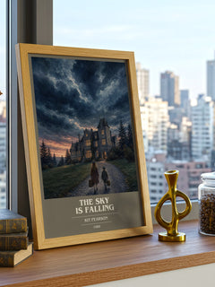 The sky is falling book cover print framed by window – literary home decor