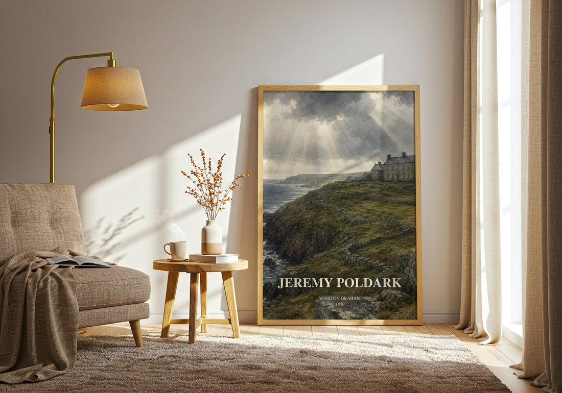 Jeremy Poldark watercolour print in frame leaning in hallway – historical fiction wall art