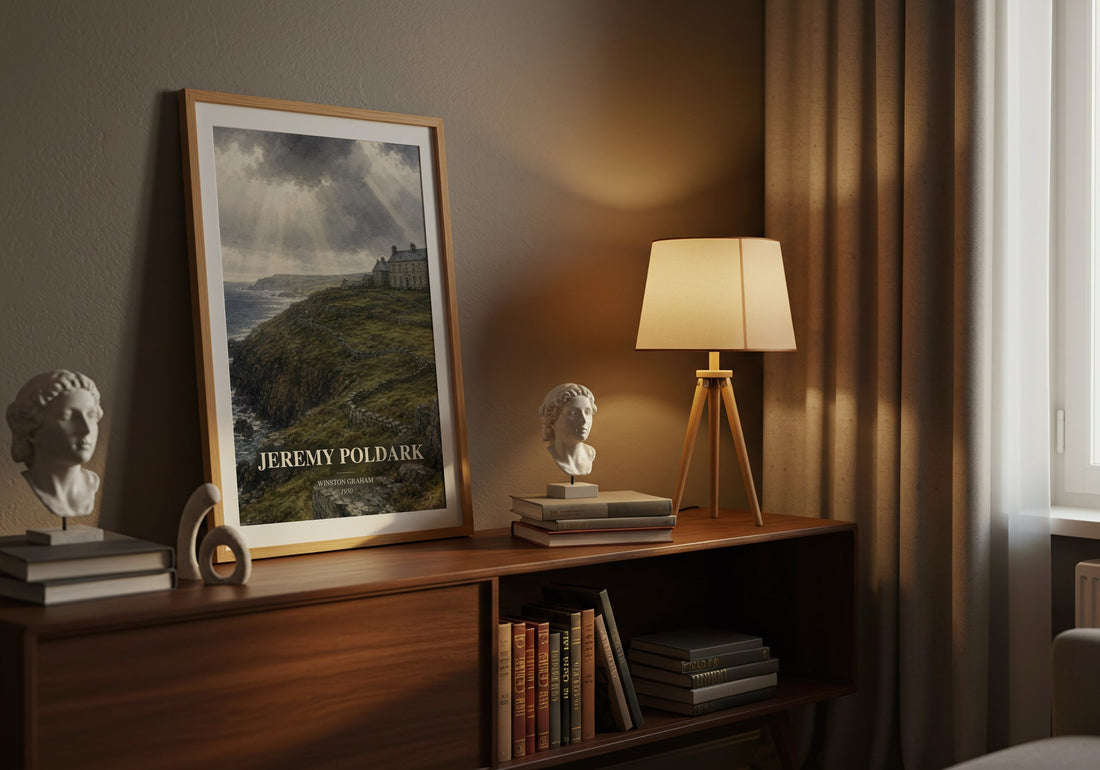 Jeremy Poldark watercolour print on bookshelf – Winston Graham fan gift