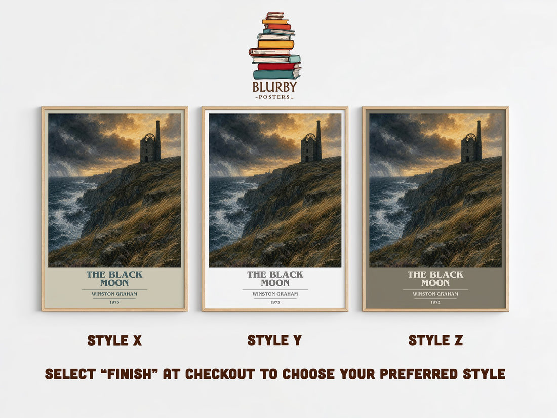 The black moon book cover print in frame leaning in hallway – historical fiction wall art (mockup)