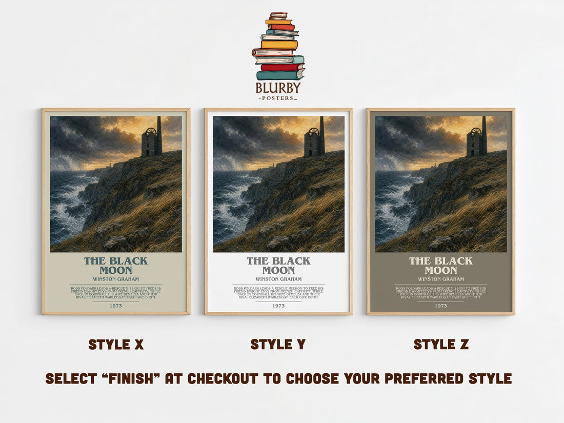 The black moon bookish print in frame leaning in hallway – historical fiction wall art (mockup)
