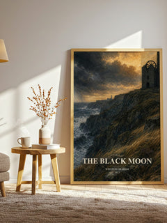 The black moon watercolour print in frame leaning in hallway – historical fiction wall art