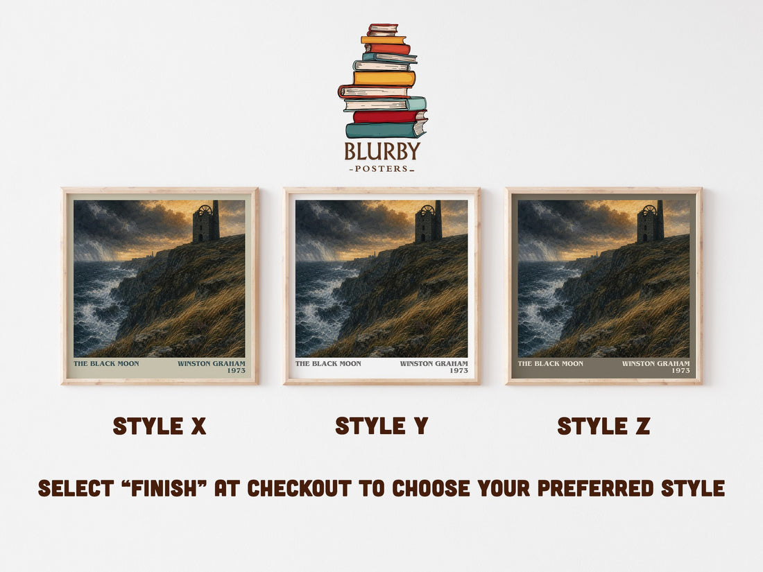 The black moon literary print in frame leaning in hallway – historical fiction wall art (mockup)