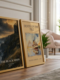 The black moon watercolour print framed by window – literary home decor