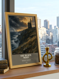 The black moon book cover print framed by window – literary home decor