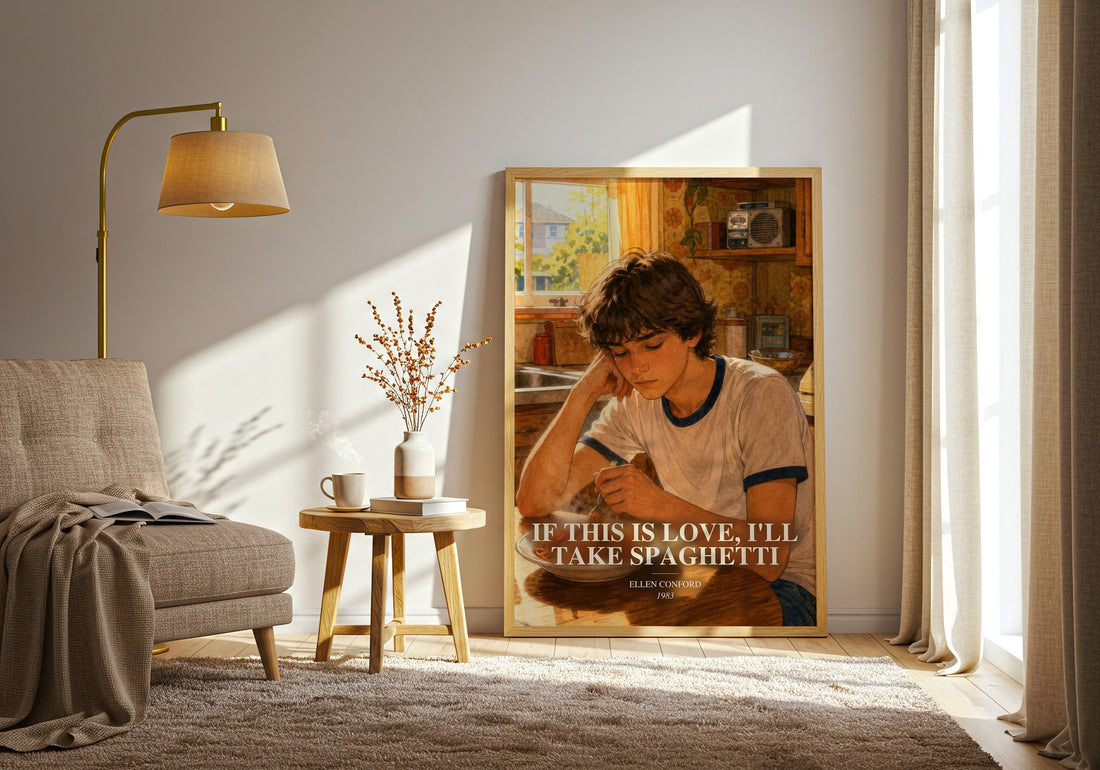 If this is love, I'll take spaghetti watercolour print in frame leaning in hallway – young adult wall art