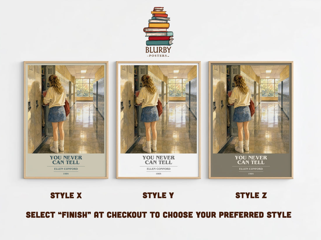 You never can tell book cover print in frame leaning in hallway – young adult wall art (mockup)