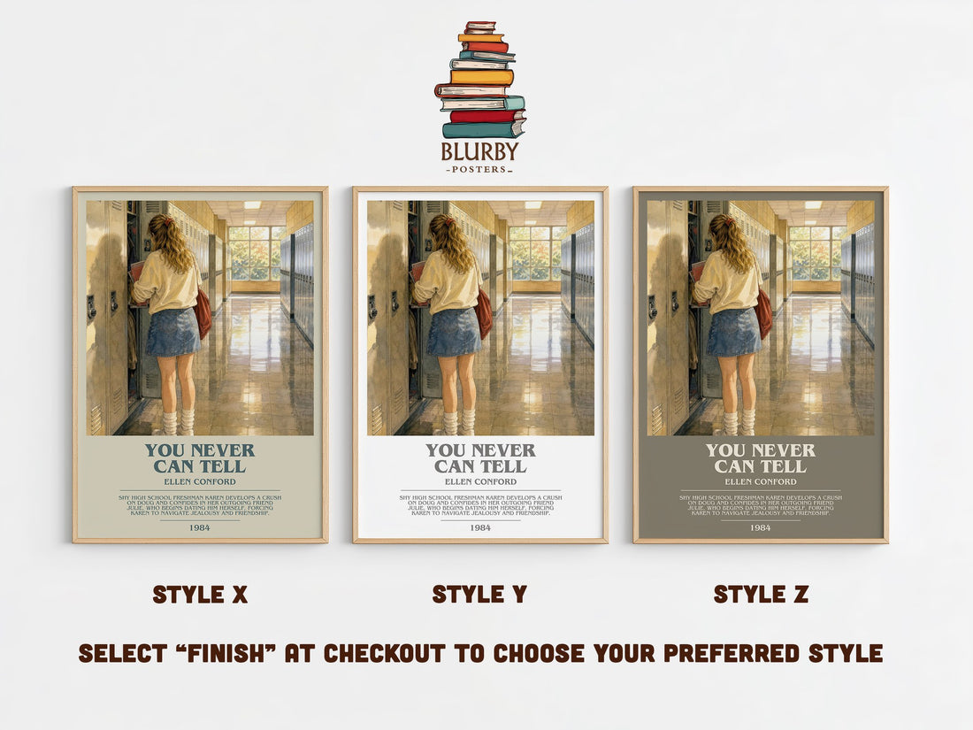 You never can tell bookish print in frame leaning in hallway – young adult wall art (mockup)