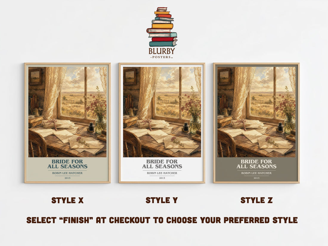 Bride for All Seasons book cover print in frame leaning in hallway – romance wall art (mockup)