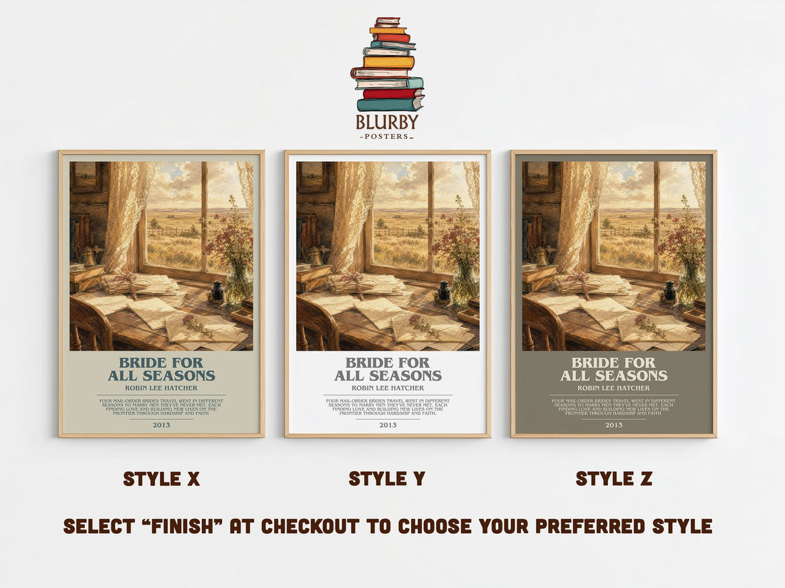 Bride for All Seasons bookish print in frame leaning in hallway – romance wall art (mockup)