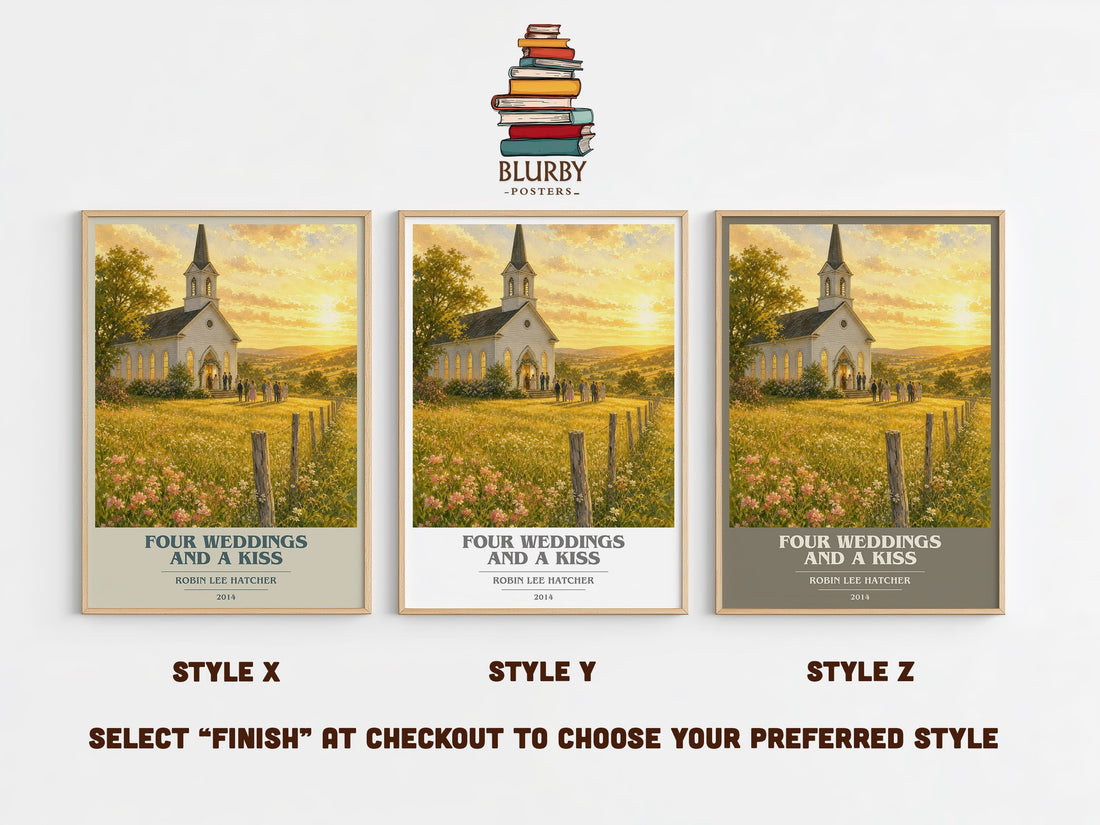 Four weddings and a kiss book cover print in frame leaning in hallway – romance wall art (mockup)