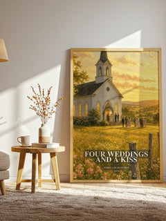 Four weddings and a kiss watercolour print in frame leaning in hallway – romance wall art