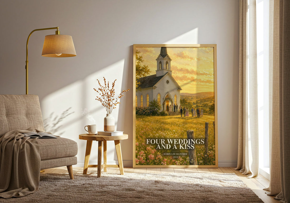 Four weddings and a kiss watercolour print in frame leaning in hallway – romance wall art