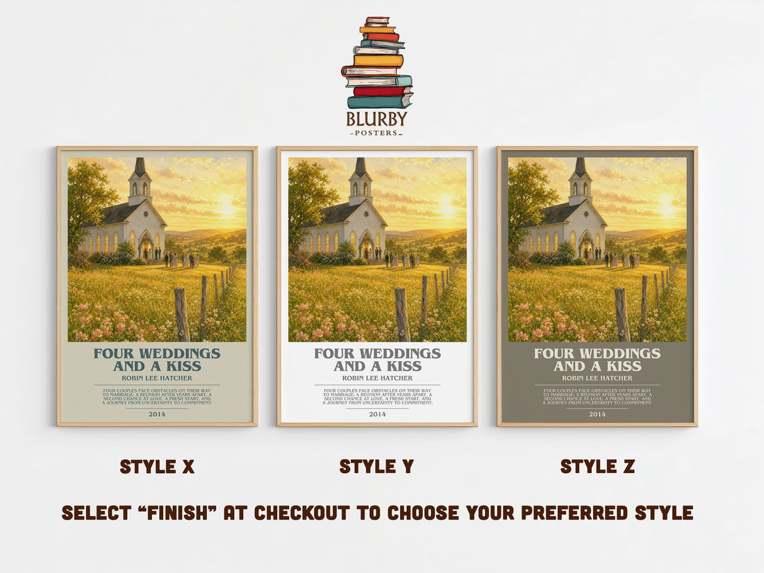 Four weddings and a kiss bookish print in frame leaning in hallway – romance wall art (mockup)