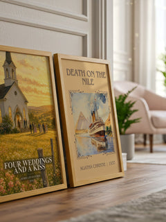 Four weddings and a kiss watercolour print framed by window – literary home decor