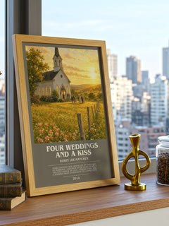 Four weddings and a kiss bookish print framed by window – literary home decor