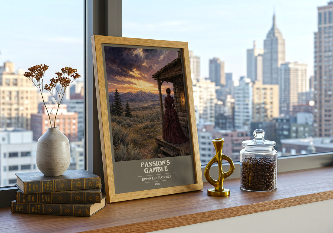 Passion's gamble book cover print framed by window – literary home decor