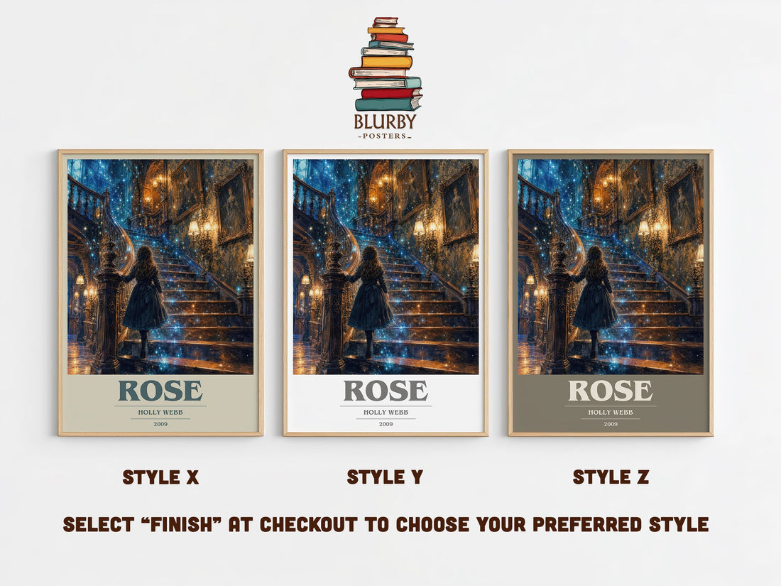 Rose book cover print in frame leaning in hallway – childrens wall art (mockup)