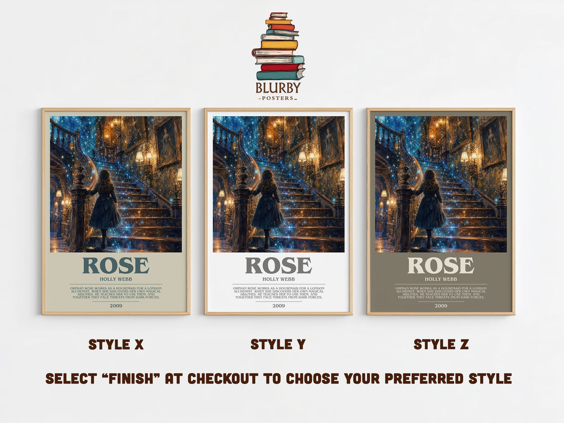 Rose bookish print in frame leaning in hallway – childrens wall art (mockup)