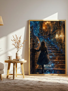 Rose watercolour print in frame leaning in hallway – childrens wall art