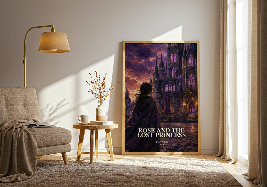 Rose And The Lost Princess watercolour print in frame leaning in hallway – childrens wall art