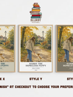 Harry the Homeless Puppy book cover print in frame leaning in hallway – childrens wall art