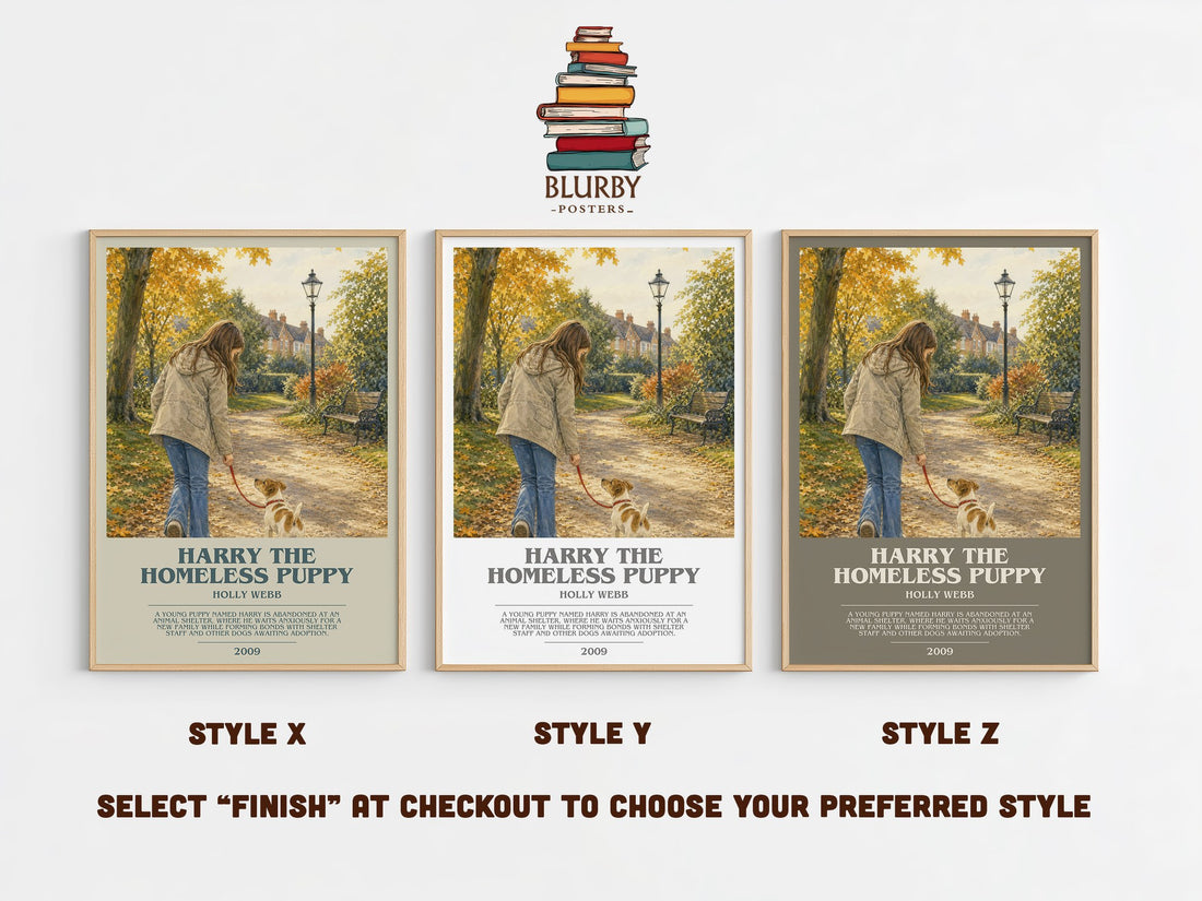 Harry the Homeless Puppy bookish print in frame leaning in hallway – childrens wall art (mockup)