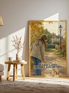 Harry the Homeless Puppy watercolour print in frame leaning in hallway – childrens wall art