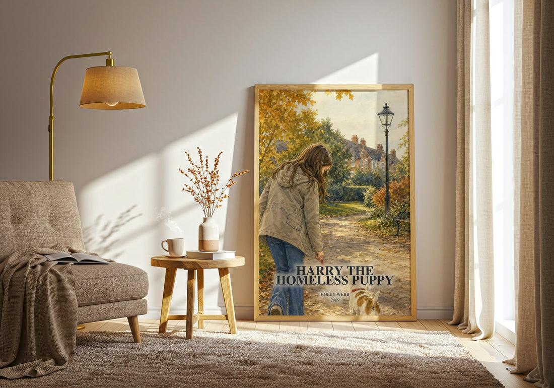 Harry the Homeless Puppy watercolour print in frame leaning in hallway – childrens wall art