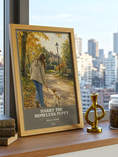 Harry the Homeless Puppy book cover print framed by window – literary home decor