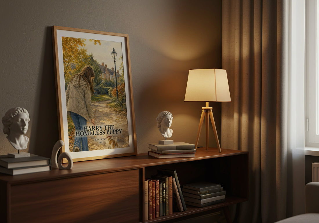 Harry the Homeless Puppy watercolour print on bookshelf – Holly Webb fan gift