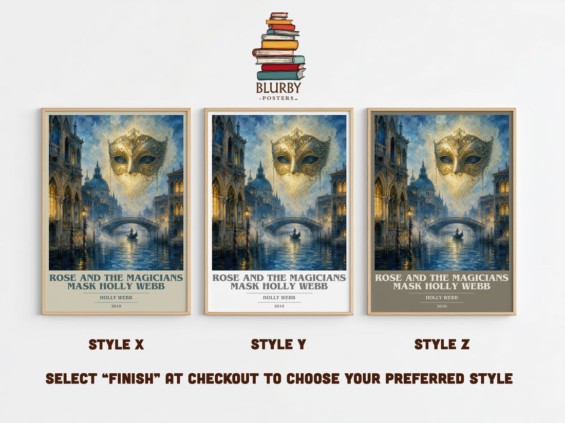 Rose and the Magicians Mask Holly Webb book cover print in frame leaning in hallway – childrens wall art (mockup)