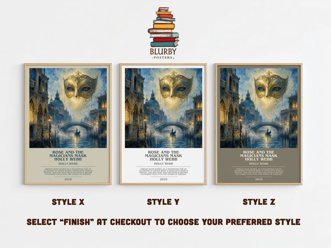 Rose and the Magicians Mask Holly Webb bookish print in frame leaning in hallway – childrens wall art (mockup)