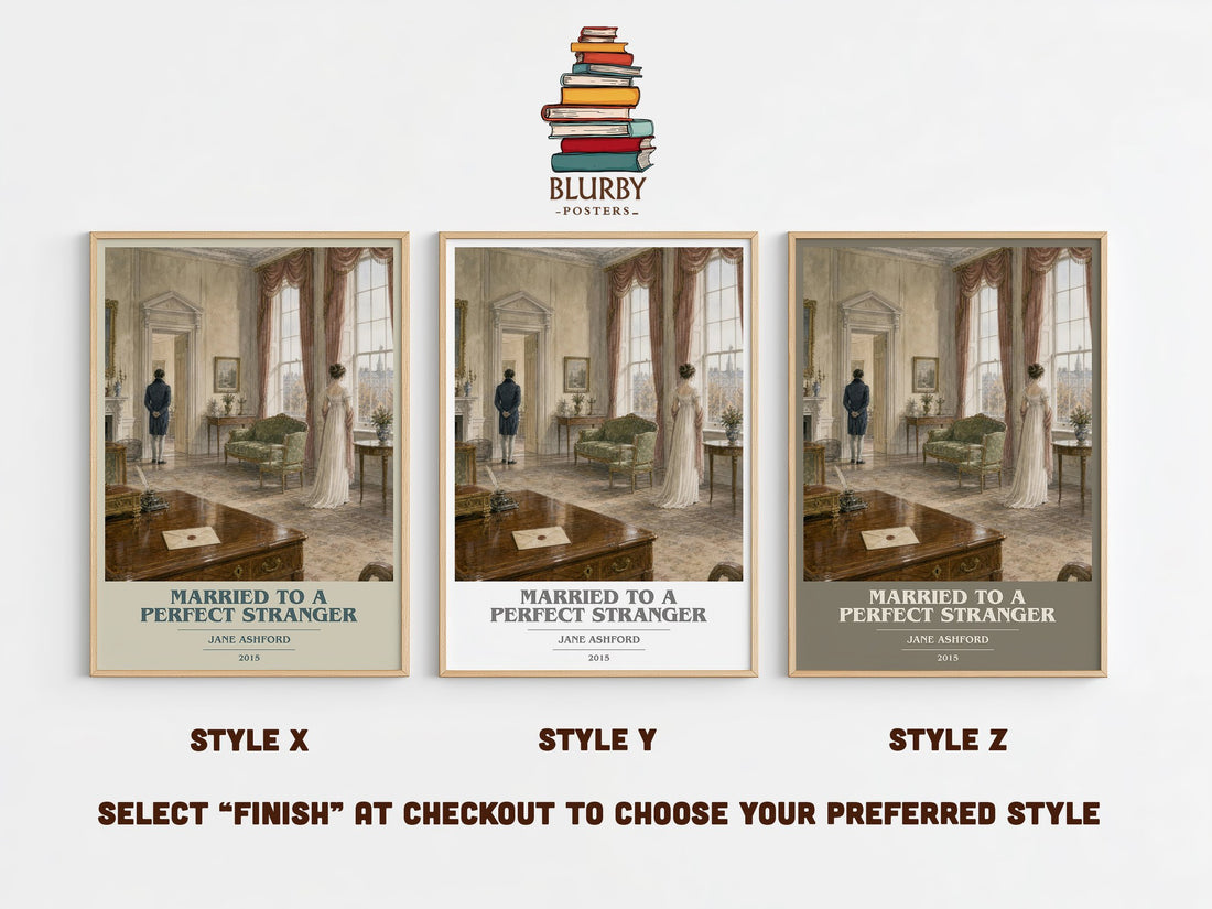 Married to a Perfect Stranger book cover print in frame leaning in hallway – romance wall art (mockup)