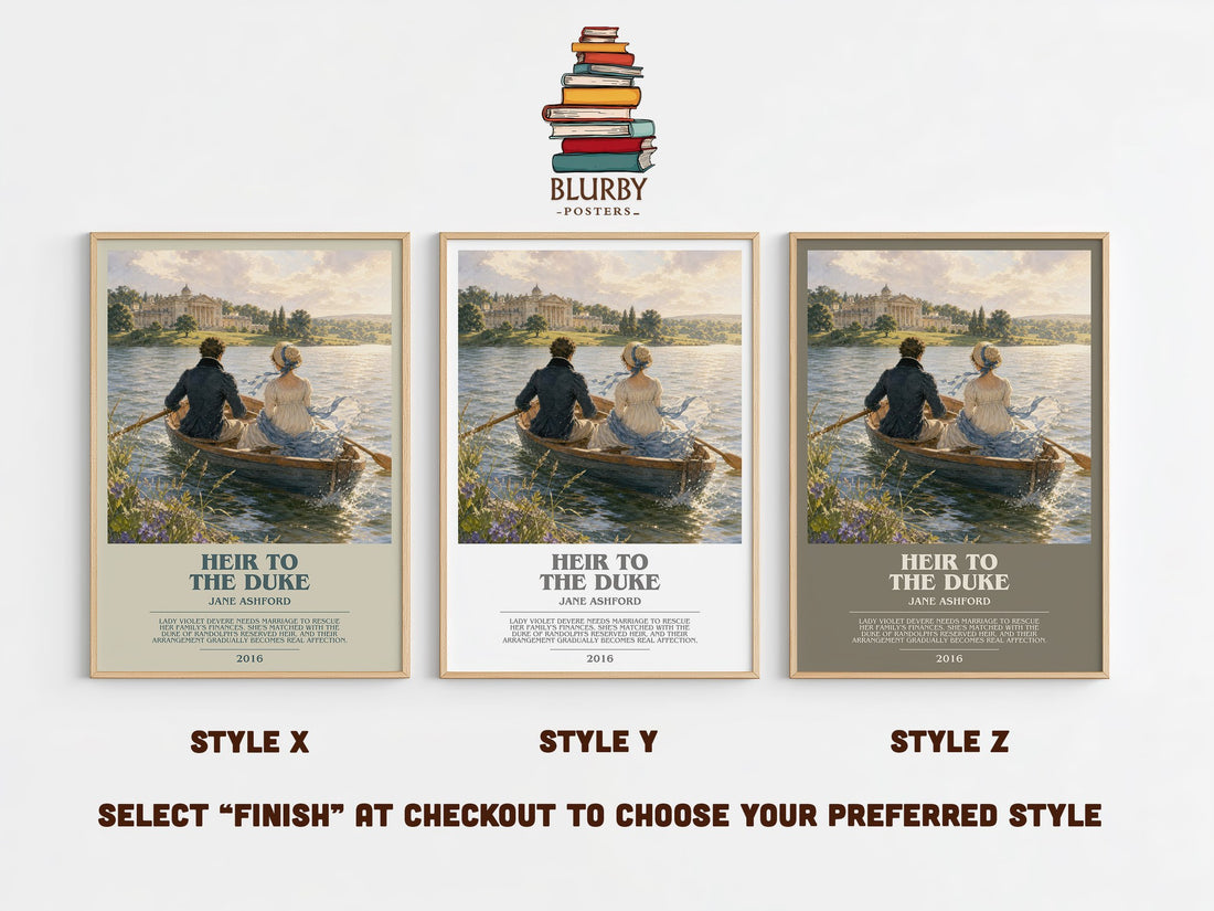 Heir to the Duke bookish print in frame leaning in hallway – romance wall art (mockup)