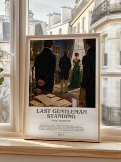 Last Gentleman Standing Bookish Wall Art by Jane Ashford – framed print by a bright window