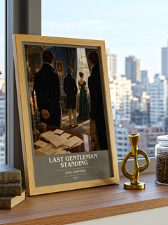 Last Gentleman Standing book cover print framed by window – literary home decor