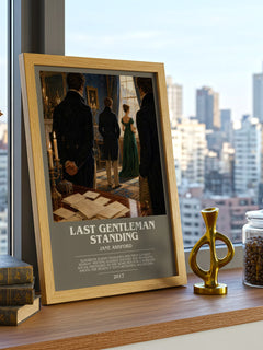 Last Gentleman Standing Bookish Wall Art by Jane Ashford – framed print on a city-view windowsill