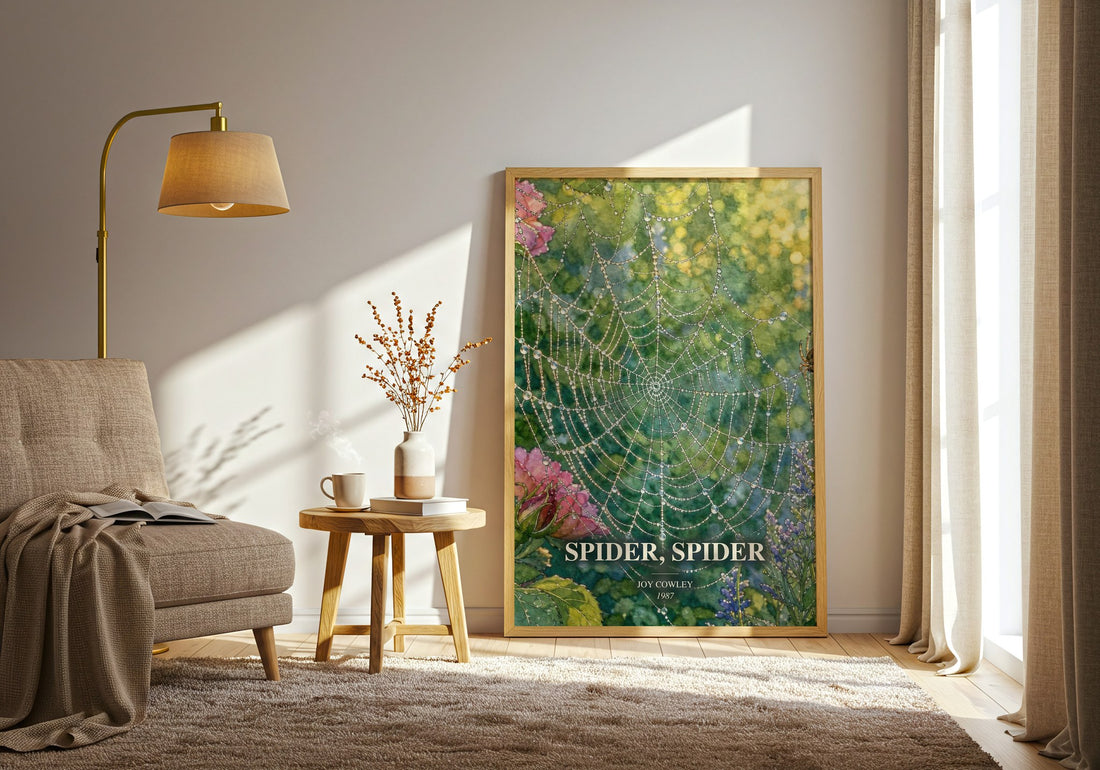 Spider, Spider watercolour print in frame leaning in hallway – thriller wall art