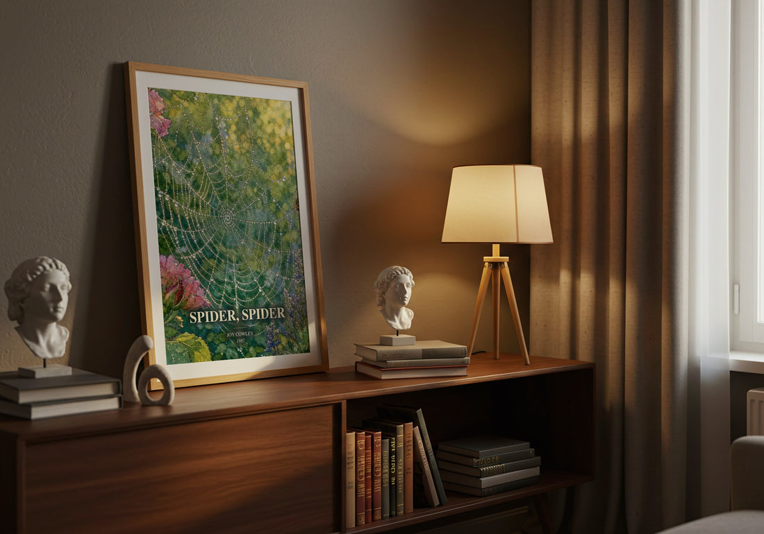 Spider, Spider watercolour print on bookshelf – Joy Cowley fan gift